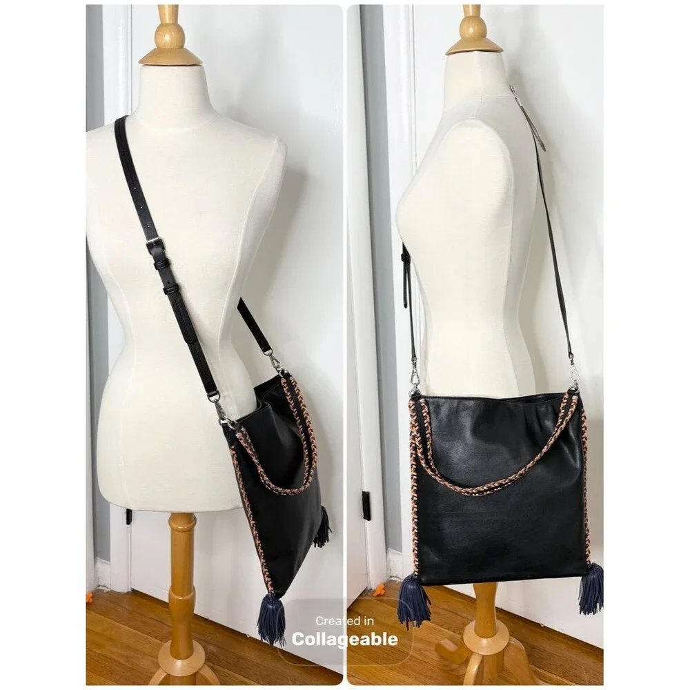 Rebecca Minkoff Chase Convertible Hobo Bag Black Leather Tassel Braided Boho